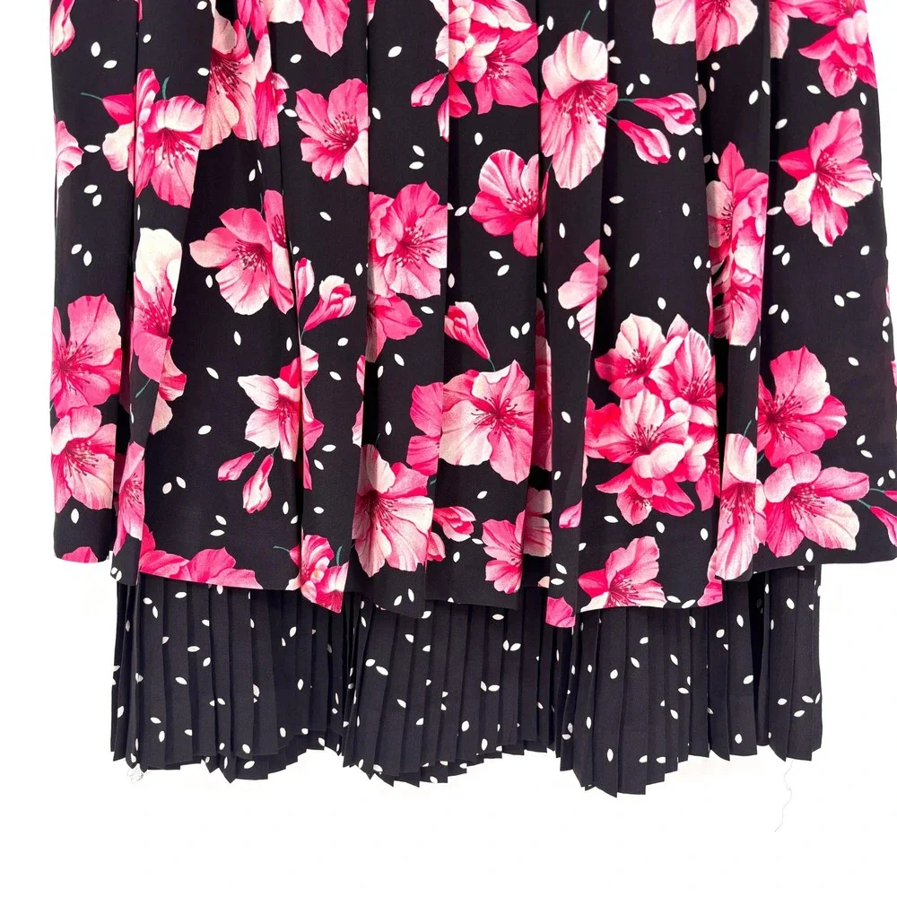 Vintage MaxMara‎ Silk Floral Polka Dot Pleated Skirt Made in Italy Pink Black 8
